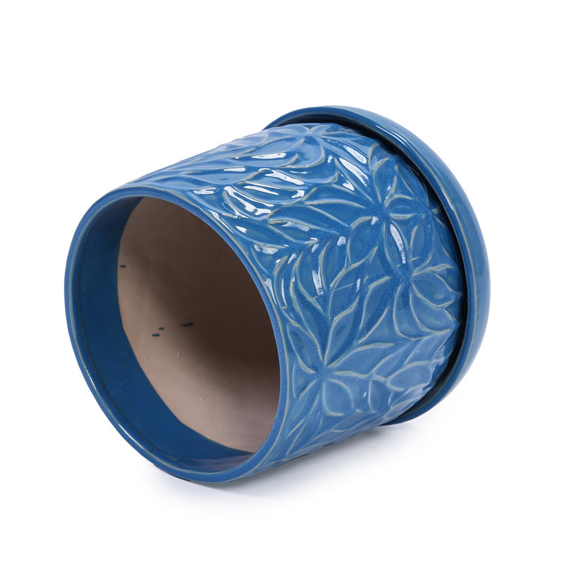 Handmade Ceramic Planter Set Of 2, 6" & 8" Diameter, Deep Blue With Leaf Pattern, For Succulents & Herbs Indoor/Outdoor Shelf & Table Use, Breathable Clay With Saucers
