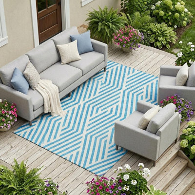 Tapis extérieur antidérapant lavable 9 pi x 12 pi bleu sarcelle et blanc