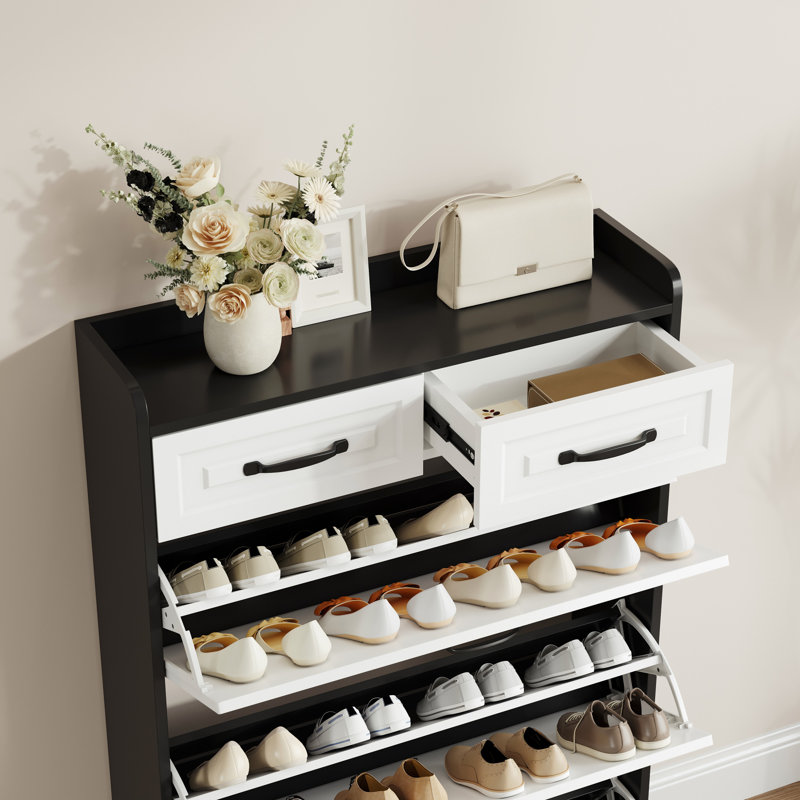 1250 Color Shoe Cabinet With 3 Doors 2 Drawers,PVC Door With Shape ,Large Space For Storage, Black