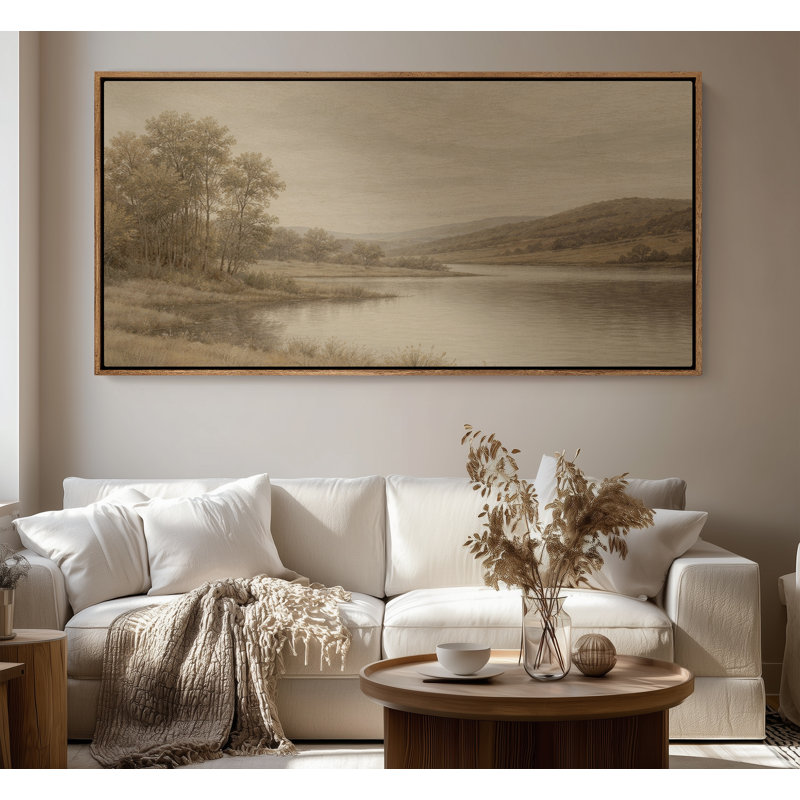 Framed Canvas Wall Art - Tranquil River Landscape with Trees and Rolling Hills in Warm Neutrals - 16"x24", 24"x36", Natural
