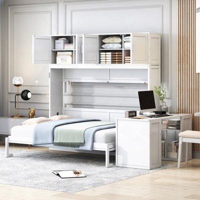 Lit escamotable mural avec bureau, tablettes de rangement et grandes armoires
