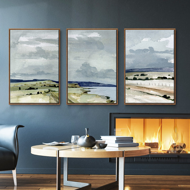 «Coastal Blues Watercolor II», 3 pièces, Noyer, H 40 po x l 78 po