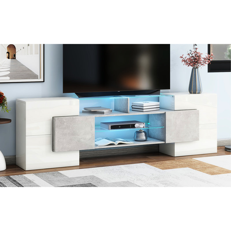 Meuble audio-vidéo polyvalent de couleur grise, 2 tablettes en verre illuminées, 4 armoires de télévision grises avec structure centrale pour le salon