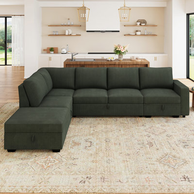 Brunella L Shaped Corduroy Upholstered Sleeper Sectional Sofa Green