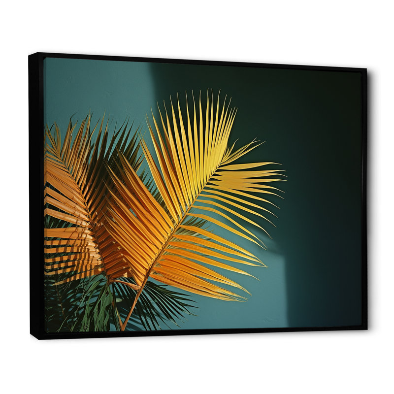 «Yellow Palm Trees Bouquet Still Life» sur toile, Cadre flottant noir, H 16 po x l 32 po x P 1 po