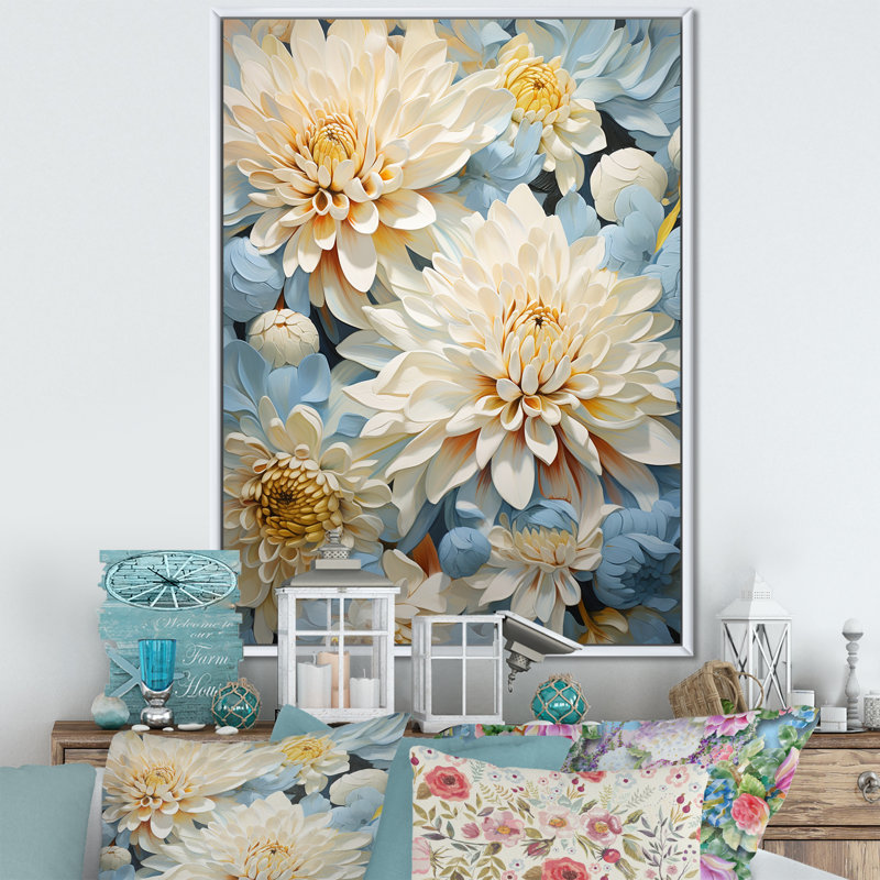 Garden Bliss Mums en blanc et bleu II, Cadre flottant blanc, H 44 po x l 34 po x P 1,5 po