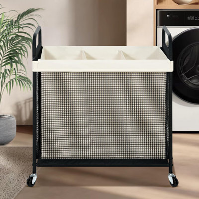 Panier à linge 3 sections, chariot de trieur à linge sur roulettes 120 L avec sac à doublure amovible et lavable, panier à linge roulant avec poignée en métal pour la salle de lavage et la chambre à coucher