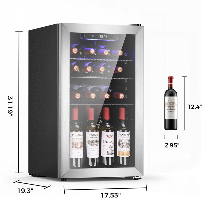 17.32'' W 3.2 Cu.ft Beverage Refrigerator, 26 Wine Bottles, Stainless Door, Touch Panel, 32-61℉, LED, Removable Shelves