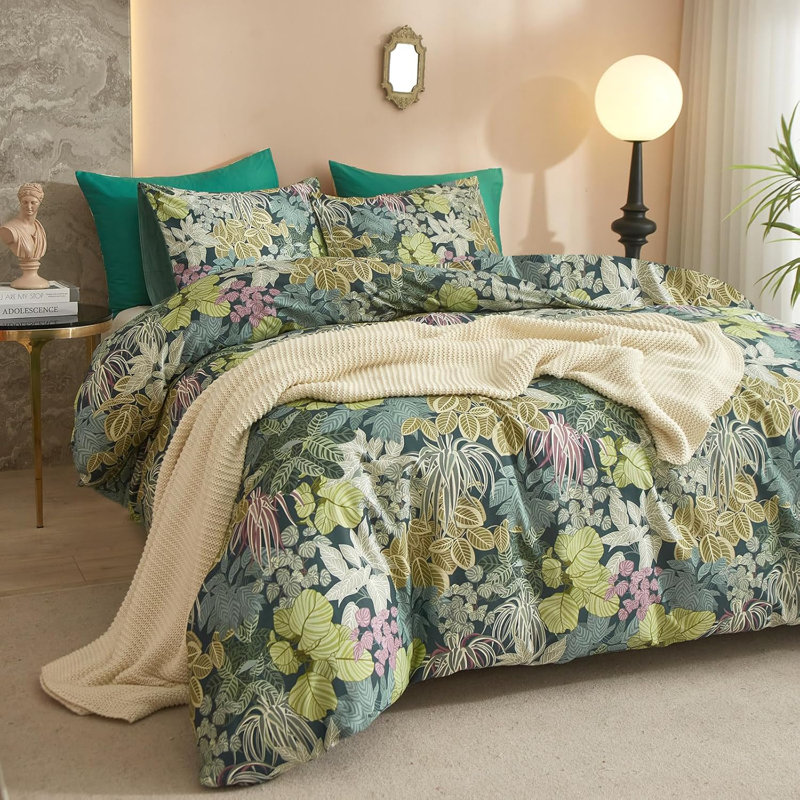 All-Season Boho Fluffy Floral Microfiber Comforter Set, King Comforter + 2 King Pillowcases