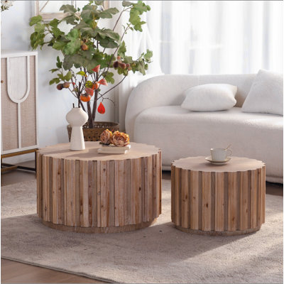 Ensemble de 2 tables basses gigognes rondes 19,7 "+ 27,5", tables d'appoint en bois de noyer avec lattes verticales, tables d'appoint rustiques de style campagnard pour le salon