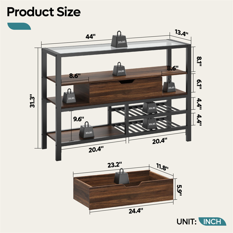 Puig Tempered Glass Top Console Tables with Wine Rack & Storage Buffet Cabinet, Entryways Table with LED Lights and Drawer for Living Room