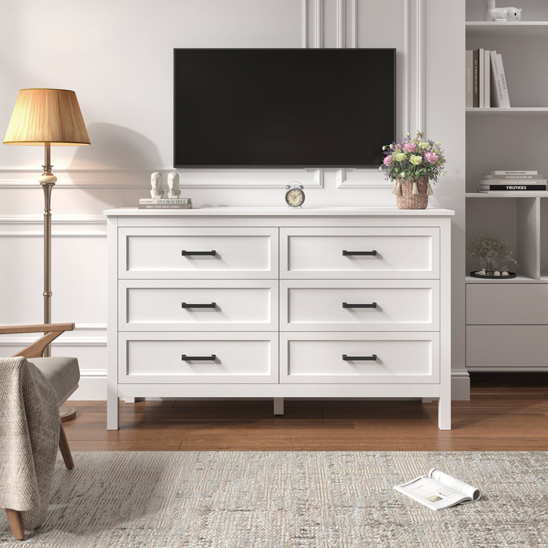 Farmhouse 6 Drawer Dresser for Living Room,Bedroom Dresser with Anti-Tip Device, White