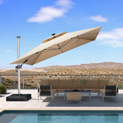 Outdoor 12FT Double Top Square Deluxe Lighted Cantilever Umbrella With Base,Beige