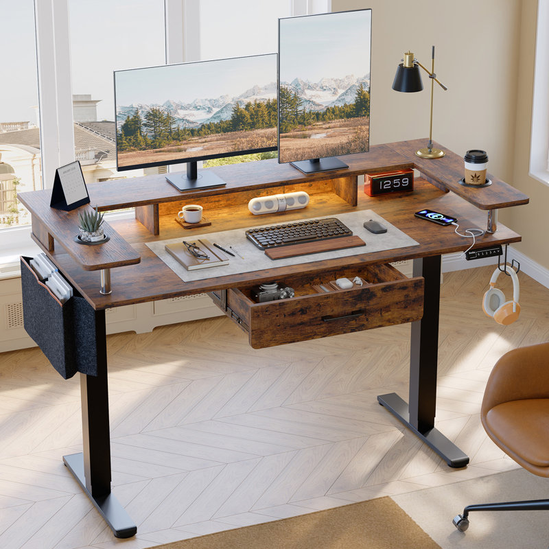 58 In. Rectangular LED Standing Desk With Monitor Stand , Office Desks with Ajustable Height ,Drawer and Cup Holders