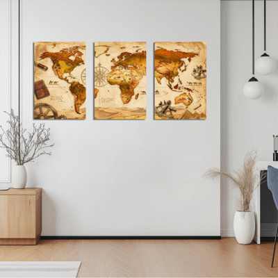 Vintage World Map With Compass And Gears Canvas Wrapped Wall Art Oil Painting Print Set Of 3