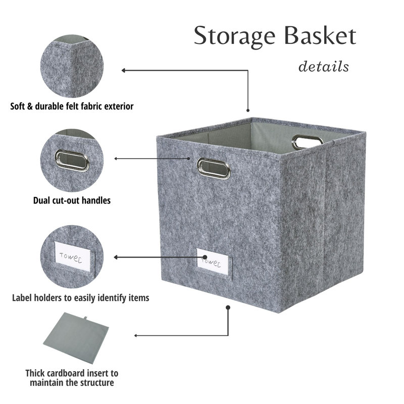 Collapsible Felt Cube Storage Bin with Label Holder and Metal Handles, Dark Gray, 38 qt