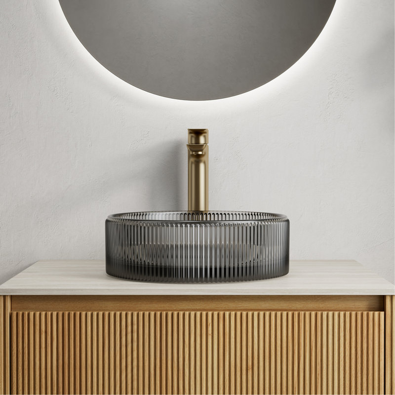 Lavabo de salle de bain rond en cristal 16 po sans robinet 16 po, noir transparent