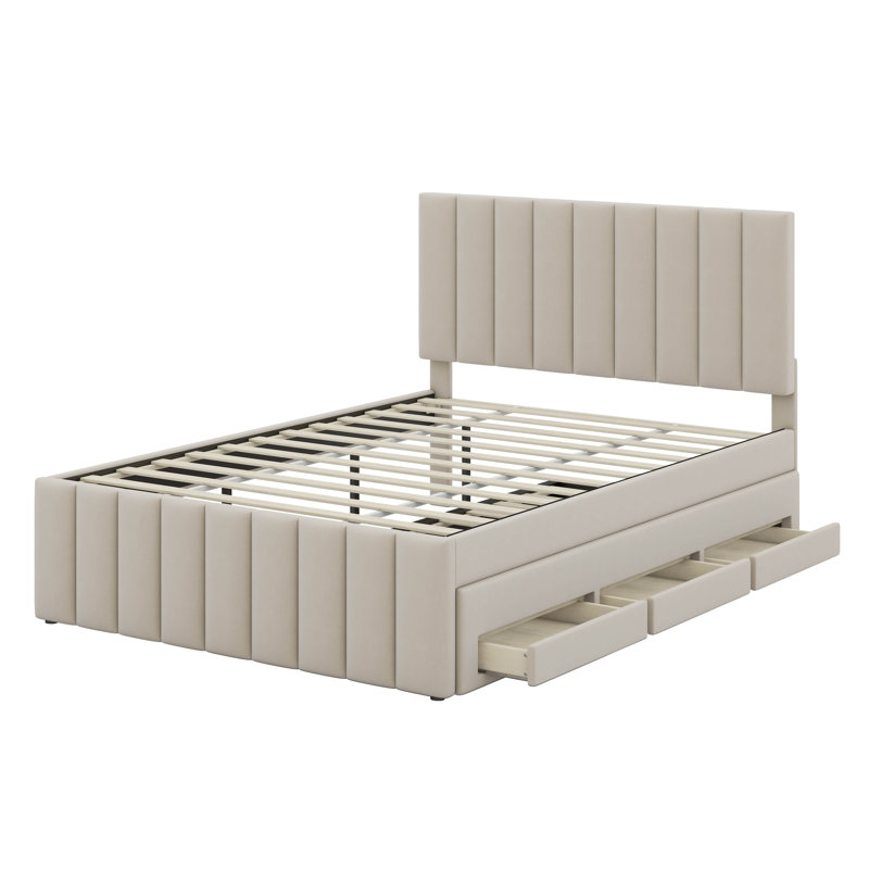 Lit plateforme double tapissier avec lit gigogne simple et 3 tiroirs, Beige