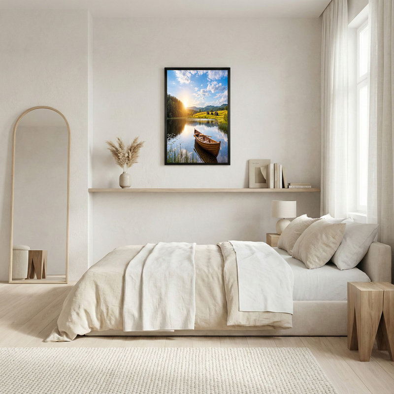 Toile en bois sur le lac réfléchissant au coucher du soleil, 20"H x 30"W