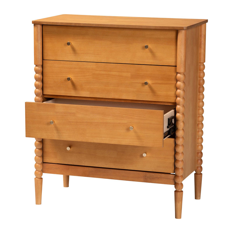 Lucera Mid-Century Bobbin Wood 4-Drawer Chest, Oak Brown