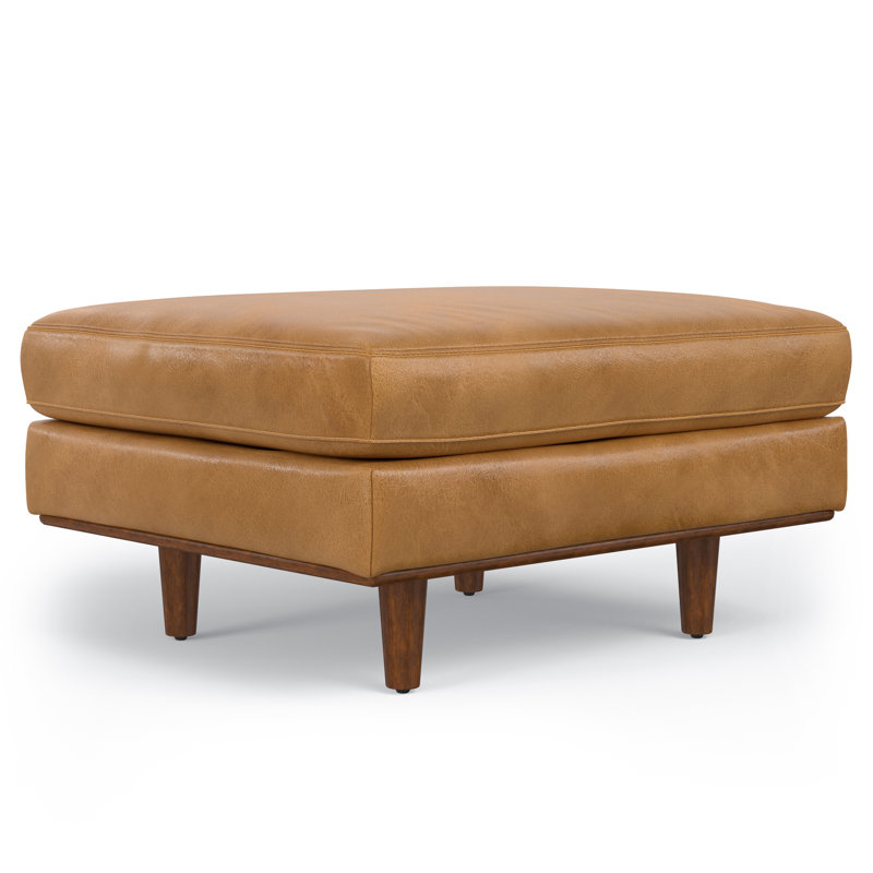 Morrison 33"W Upholstered Ottoman with Solid Wood Legs, Sienna Genuine Leather