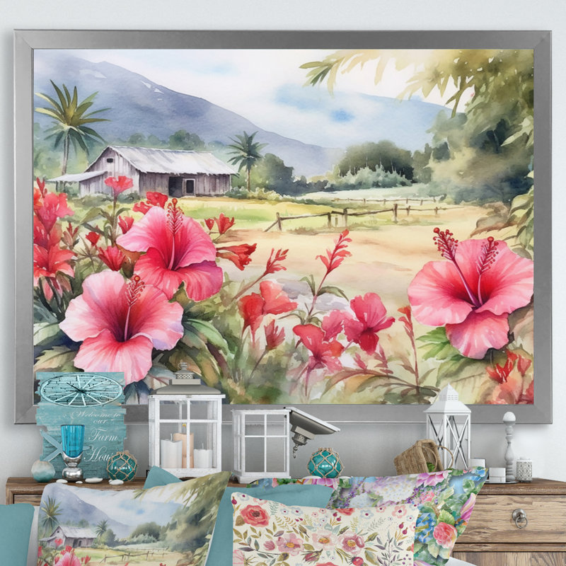 Hibiscus rose, vert, harmonie tropicale II sur toile, H 12 po x l 20 po x P 1 po, Cadre photo argenté