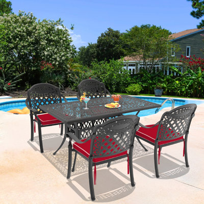 58.27"L 34.65"W Rectangular Table Cast Aluminum Outdoor Dining Set with Umbrella Hole and Red Cushions