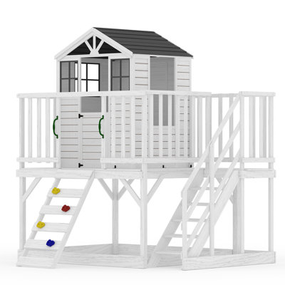 Maisonnette d'extérieur pour enfants avec mur d'escalade, maisonnette en bois à 2 étages avec bac à sable, maisonnette en cèdre pour enfants avec escabeau