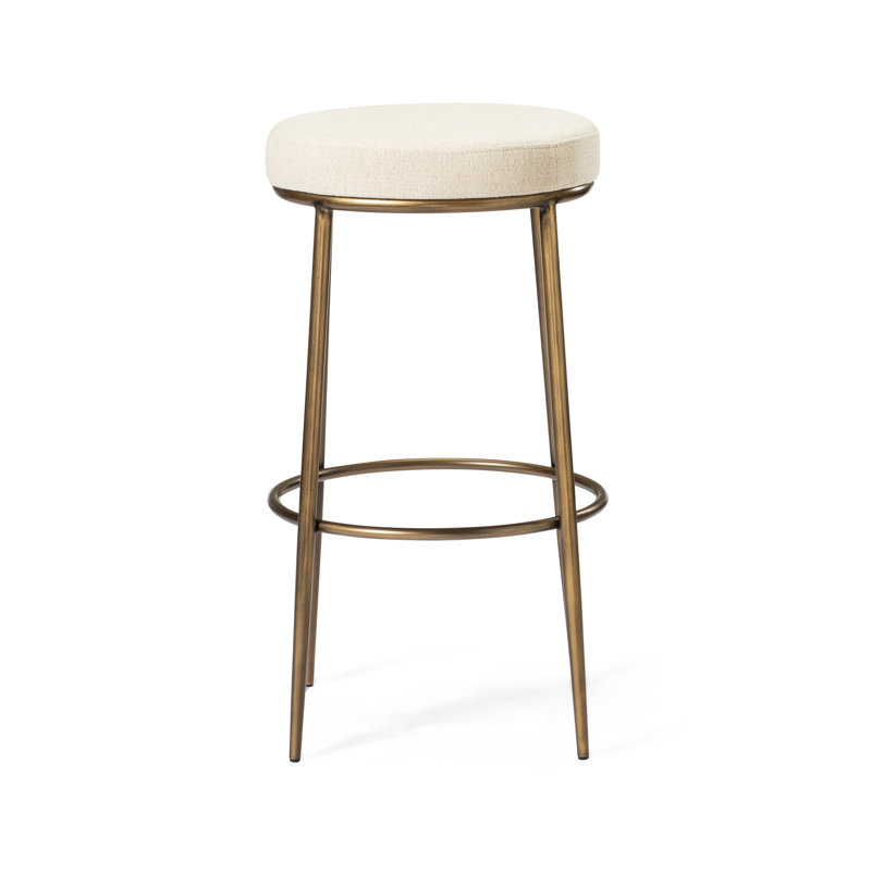 Maven Lane Stella Stool with Fabric Upholstery, Bar Stool (30.51" Seat Height), Light Beige Seat/Antiqued Brass Frame
