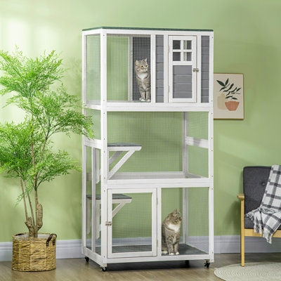 Maison pour chat d'extérieur en bois 74 po Pawhut résistante aux intempéries et sur roulettes