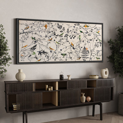 «Birds On Wildflower Plants Minimalist Modern Extra Large», reproduction d'art sur toile encadrée