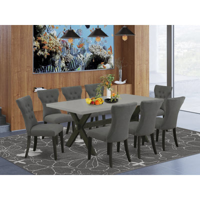 9 Piece Dining Room Set Includes a Rectangle Kitchen Table with X-Legs and 8 Dark Gotham Linen Fabric Upholstered Parson Chairs, Wire Brushed Black Finish