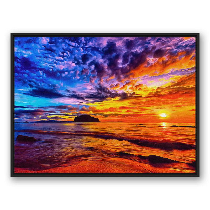 « vibrante », reproduction de photo sur toile noir coucher de soleil, H 12 po x l 16 po, Cadre noir