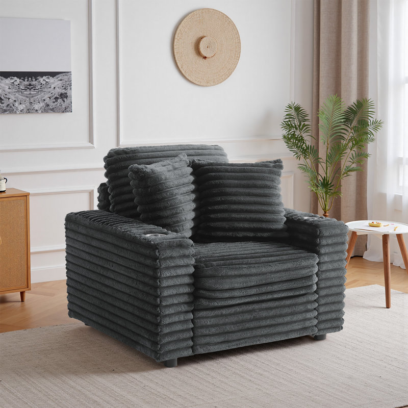 Ermia 96Cm Wide Cotton Flannel Armchair with Two Cup Holders, Dark Grey