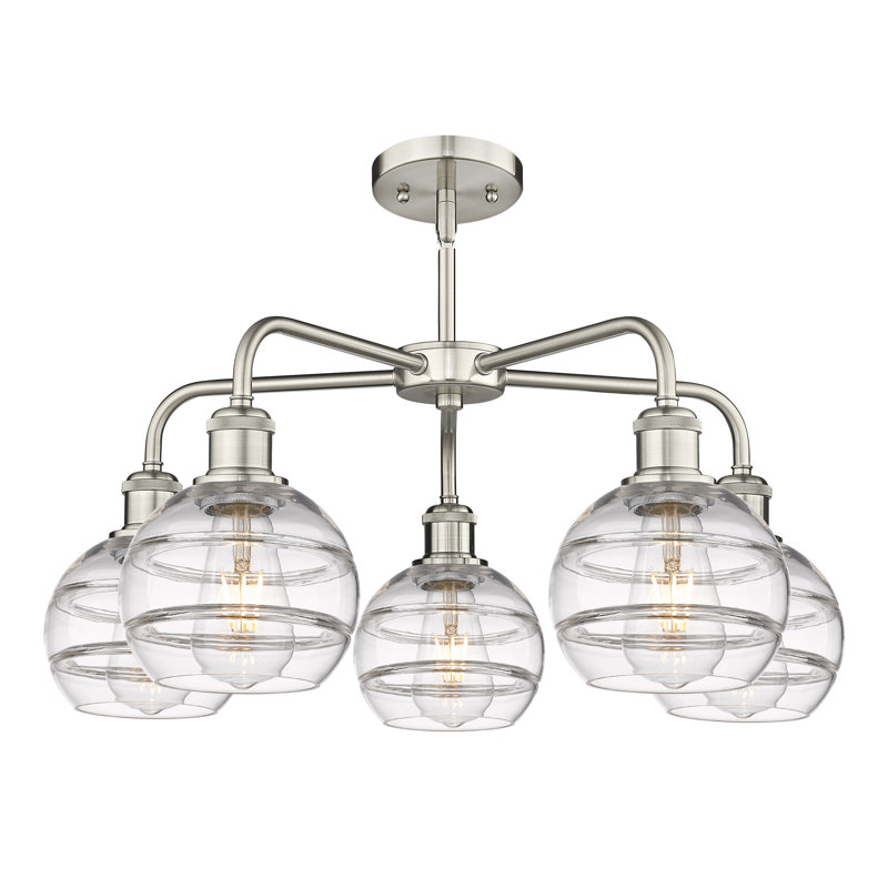 Lustre rond / ovale à abat-jour 5 lumières, Transparent, H 13,38 po x l 23,88 po x P 23,88 po, Nickel satiné