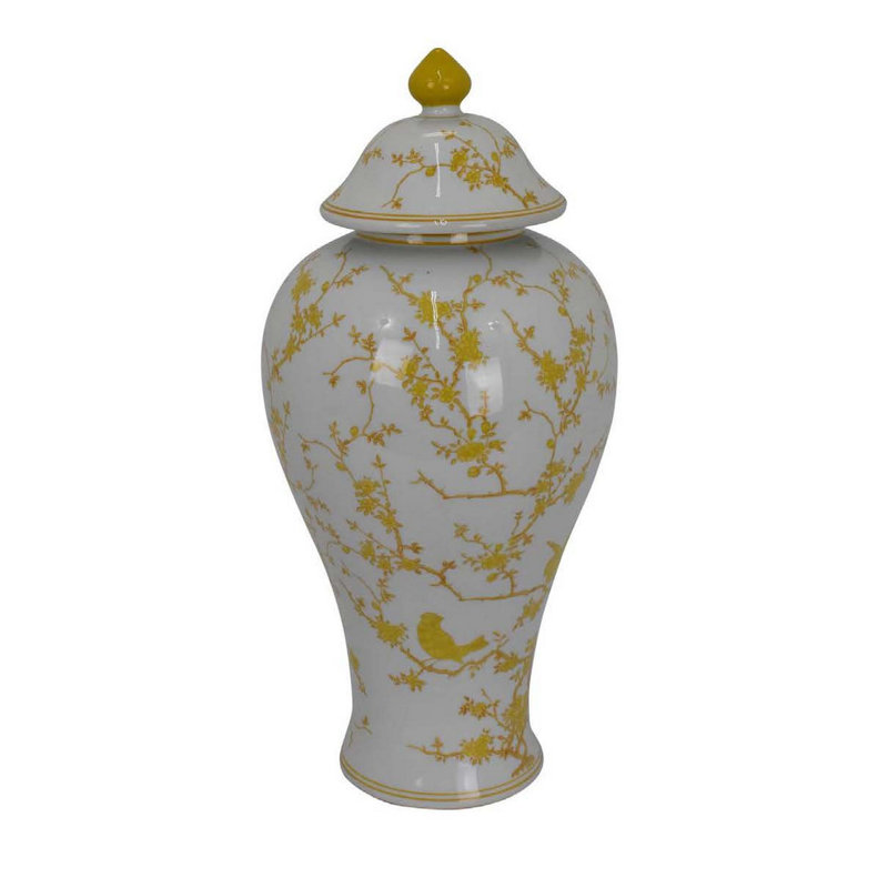 Pot décoratif à couvercle Chris, oiseau jaune et floral, céramique blanche 20 po
