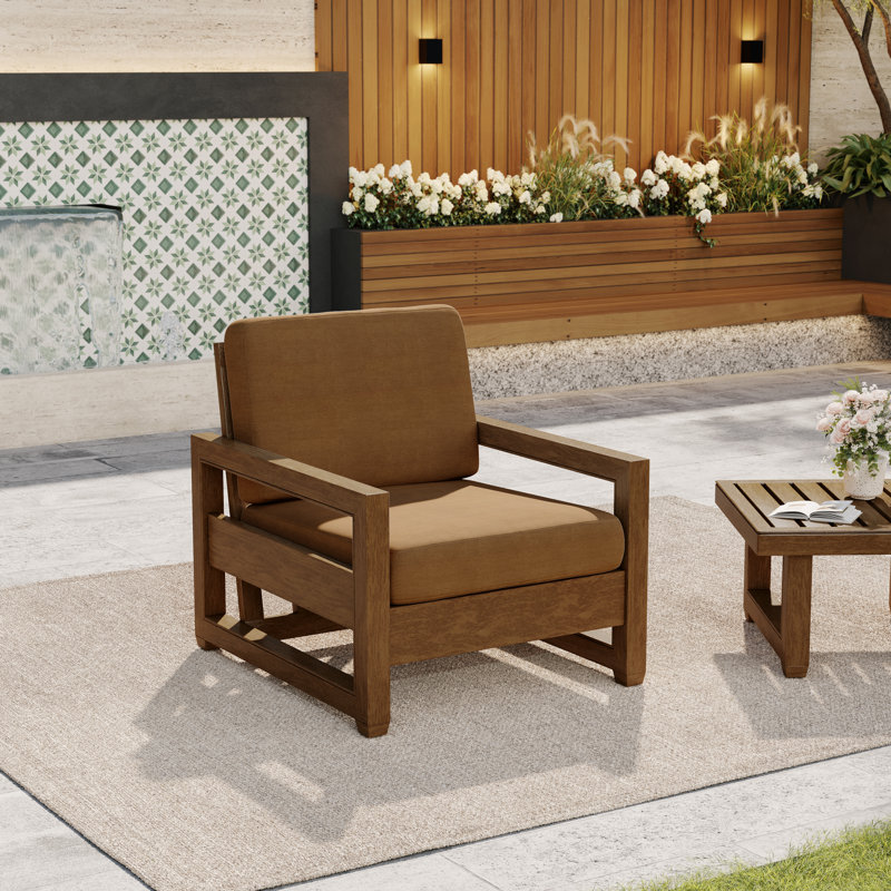 Solid Wood Teak Outdoor Chair With Cushion And Arms, Natural Wood, Light Brown