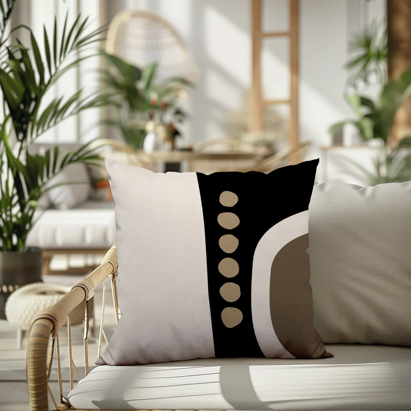 Oreiller carré réversible intérieur / extérieur Tobe Minimalist, H 15 po x l 15 po, Beige / noir / blanc cassé