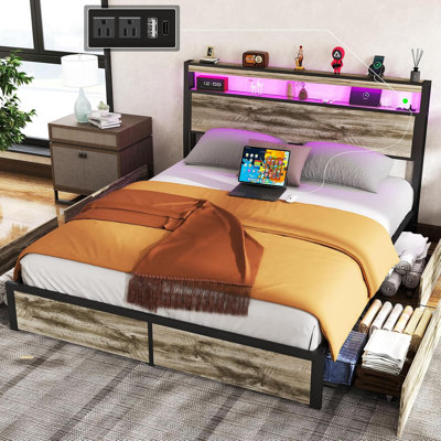 Bed Frame with 4 Underbed Drawers, Modern Bed with Storage Headboard, LED Lights and Charging Station by 17 Stories