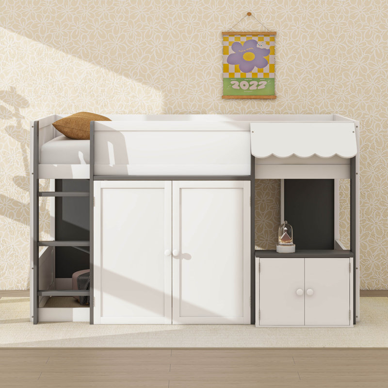 Lit mezzanine double avec maisonnette et rangement, Blanc / Gris