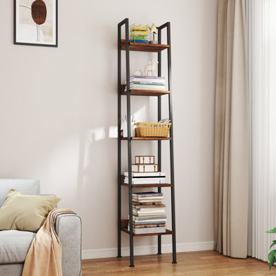 Ladder Bookcase, 5 Tier 13.5" Wide Steel Frame Storage Shelf, Anti-Tip