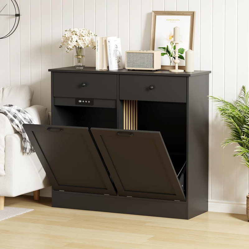 Wooden Tilt Out Trash Can Cabinet, 20 Gallon Hidden Garbage Can Cabinet with Deodorizing Function, Double Laundry Cabinet with 2 Drawers for Kitchen