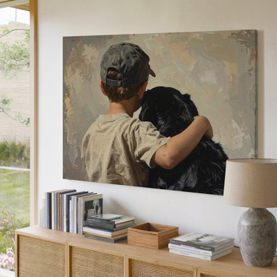 Canvas Wall Art A Touching Realistic Painting Of A Boy In A Cap With His Arm Around A Black Dog Both Premium Quality Ready To Hang