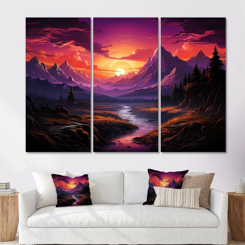 Coucher de soleil orange dans les montagnes mauves - ensemble d'art mural abstrait sur toile, Toile tendue