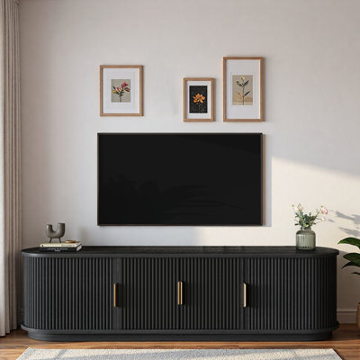 Wooden Tv Stand With Fluted Sliding Tambour Door, Adjustable Shelves, Storage Space, Golden Handles And  Cable Holes