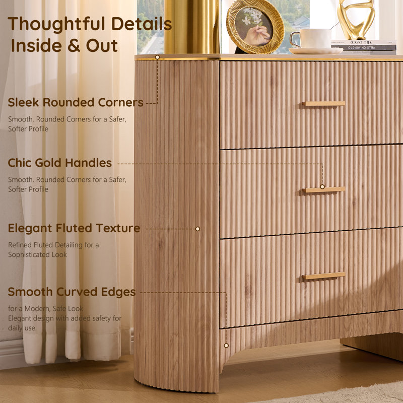 Fluted 3 Drawers Nightstand With Charging Station, 31.7"W  Bedside Table With Curved Profile Design, End Table Storage With Usb Ports For Bedroom, Living Room, Gold Metal Handle,Light Oak