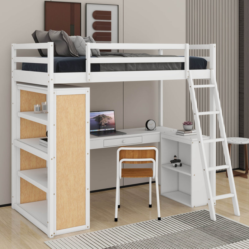 Lit mezzanine simple avec échelle, tablettes et bureau
