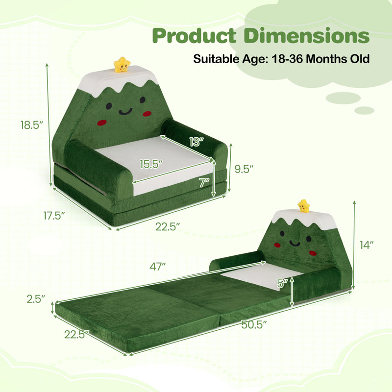 Canapé convertible 2 en 1 pour enfants avec méridienne pliable avec housse amovible vert + jaune + blanc