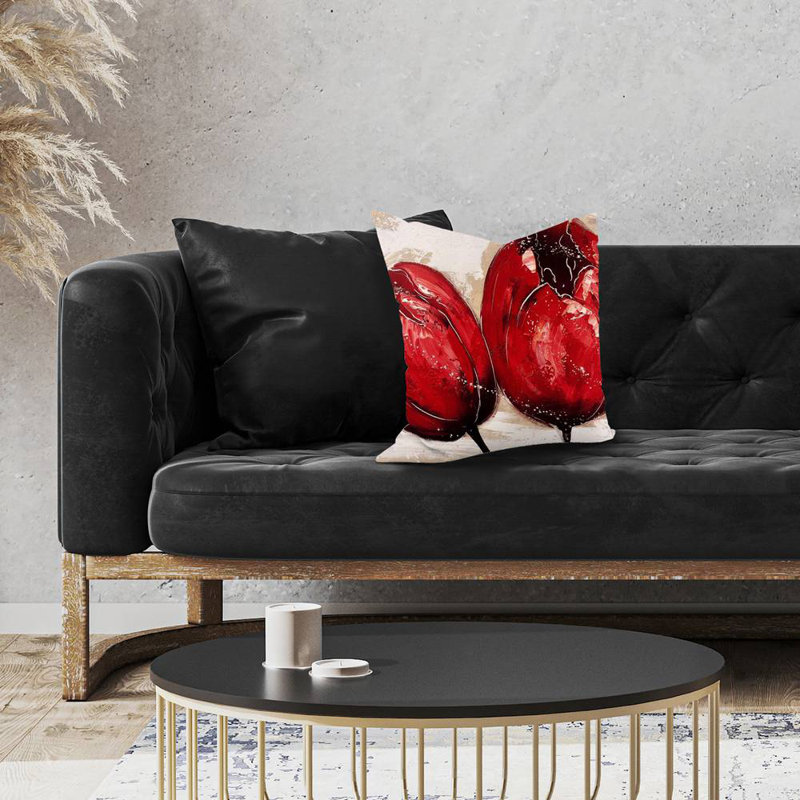 Two red tulips - 18"x18" Throw pillow - Poly twill - Print on demand, 18"H x 18"W