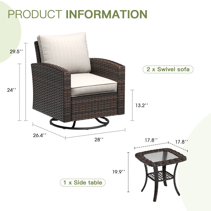 Ensemble de conversation d'extérieur en rotin avec table d'appoint, Brun, Beige